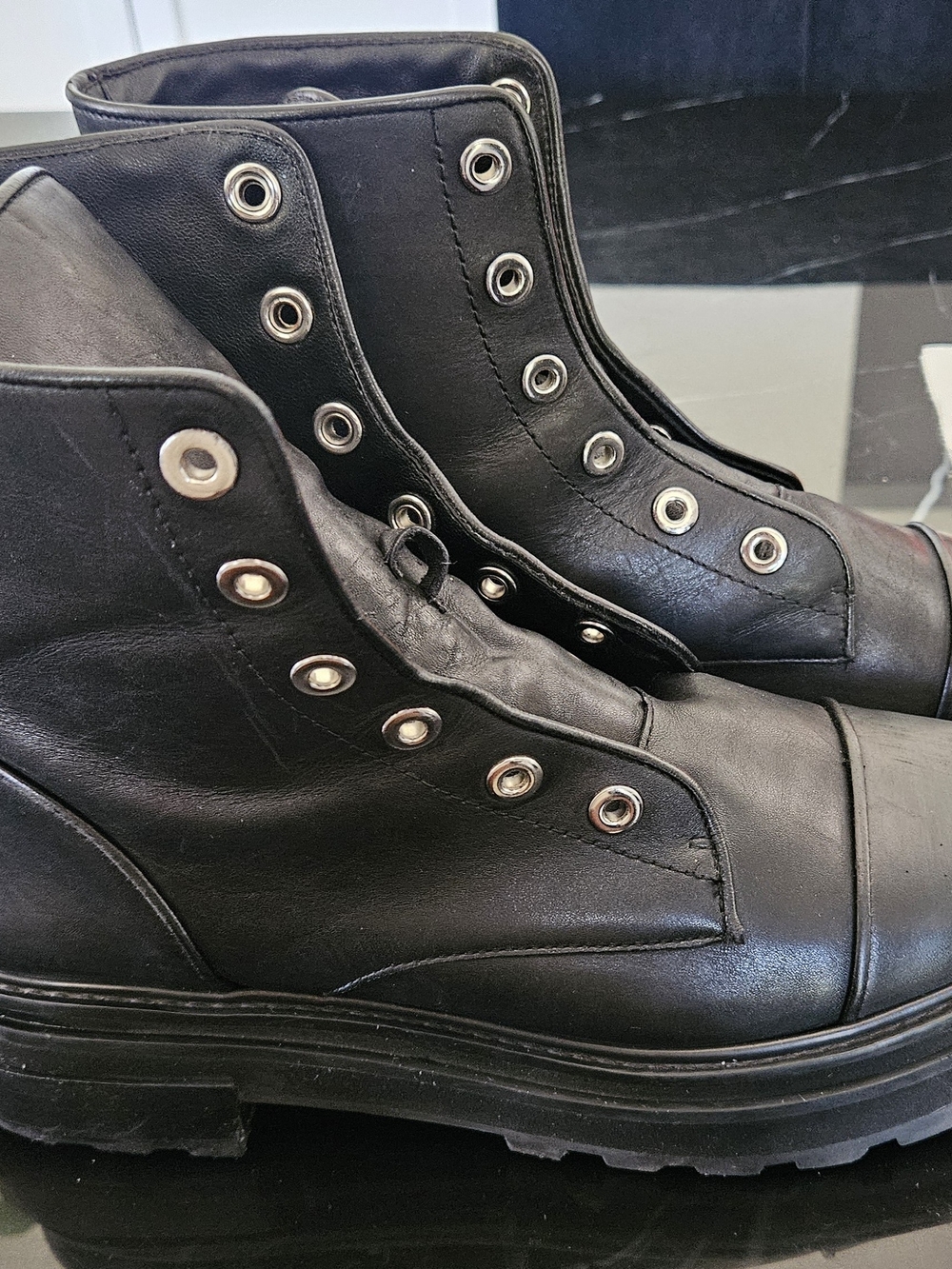Shiekh Black Leather Ankle Booties with Eyelet Detail